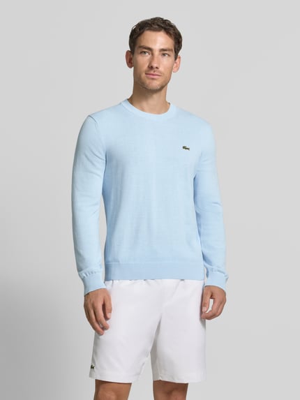 Männermodel trägt hellblauen Regular Fit Pullover aus Baumwoll-Mix von Lacoste, dezentes Logo, glatte Textur, Ganzkörperansicht von vorne. Herren Pullover von Lacoste
