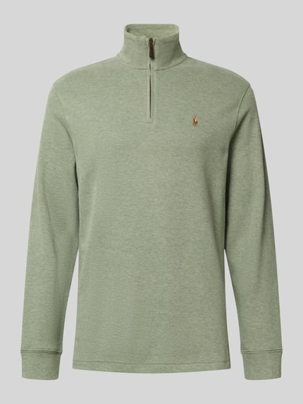 Produktfoto, Sweatshirt mit Stehkragen von Polo Ralph Lauren aus reiner Baumwolle in Hellgrün, Regular Fit, kurzer Reißverschluss, dezente Struktur