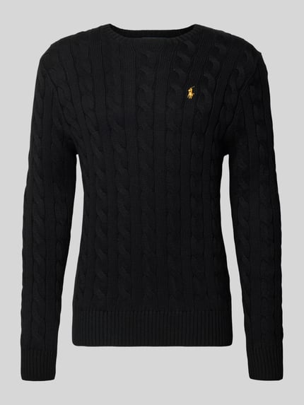 Produktfoto, schwarzer Strickpullover mit Label-Stitching von Polo Ralph Lauren aus reiner Baumwolle, Regular-Fit, gerippte Abschlüsse, Rundhalsausschnitt