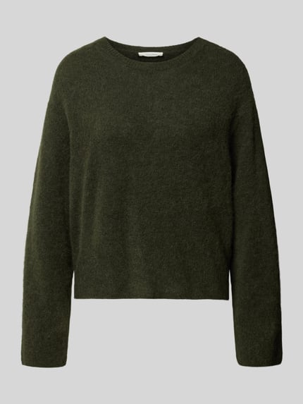 Produktfoto, Relaxed Fit Strickpullover mit Rundhalsausschnitt Modell 'VITOW' von American Vintage, dunkles Olivgrün, weiche Woll-Mix-Textur mit Alpaka-Anteil, Damen Strickpullover, elastisches Material, klassische Form
