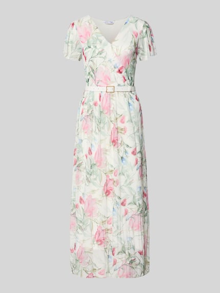 Produktfoto, Midikleid mit Gürtel Modell 'Be44lla' von ZABAIONE, materiał z domieszką stretchu, krój dopasowany, dekolt V, motylkowe rękawy, pasek z klamrą, plisowana spódnica, długość pleców w rozmiarze S: 128 cm, szerokość w rozmiarze S: 38 cm, długość rękawa w rozmiarze S: 18 cm, jasna kolorystyka z różowymi i zielonymi kwiatami, delikatna tekstura.