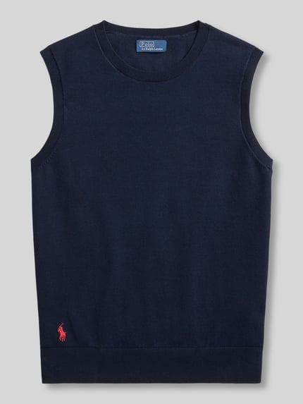 Productfoto, Regular Fit Stricktop aus Baumwoll-Mix van Polo Ralph Lauren in uni donkerblauw, fijngebreid katoenmix, zonder mouwen, logo-stiksel