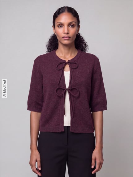 Frauenmodel trägt Regular Fit Strickjacke mit Schnürung Modell 'SIMONI' von ONLY in Dunkelrot, kombiniert mit heller Textur, Ganzkörperansicht von vorne, KI-modifiziertes Bild. Damen Strickjacke von ONLY.