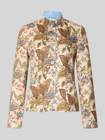 Produktfoto, Slim Fit Blazer aus reinen Leinen von WHITE LABEL z kwiatowym nadrukiem na całej powierzchni, stójka, nakładane kieszenie, listwa guzikowa, długość tyłu w rozmiarze 36: 56 cm, szerokość w rozmiarze 36: 44 cm, długość rękawów w rozmiarze 36: 58 cm