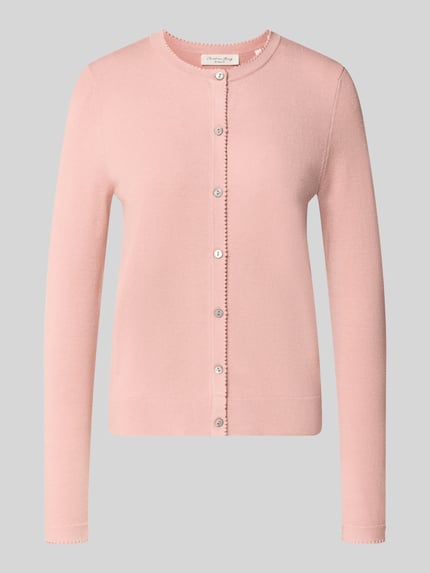 Produktfoto, Regular Fit Strickjacke aus Viskose-Mix mit Muschelsaum von Christian Berg Woman in Rosa mit gerippten Abschlüssen, glatte Textur