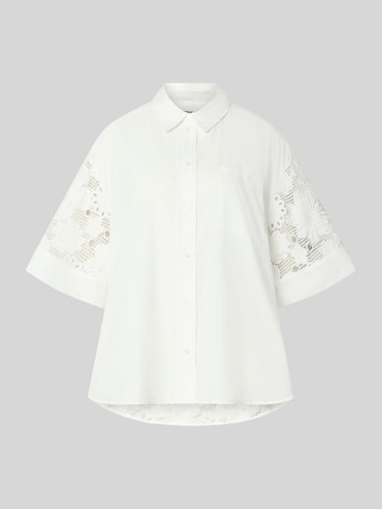 Produktfoto, Relaxed Fit Kurzarmbluse aus reiner Baumwolle Modell 'KALI' von Essentiel Antwerp in Weiß mit floralen Cut-Outs, glatte Struktur