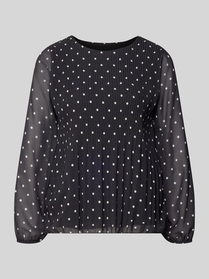 Produktfoto, zwarte loose fit dames blouse met ronde hals, plissévouwen en witte stippen, elastische mouwboorden, Model 'Ka44na' van ZABAIONE, ruglengte maat S 61 cm, mouwlengte maat S 54 cm