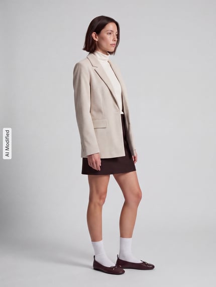Frauenmodel trägt Loose Fit Longblazer mit steigendem Reverskragen Modell 'NORA' von VERO MODA in Beige, kombiniert mit Rock, hellem Oberteil und flachen Schuhen, weiche Stoffstruktur, Ganzkörperansicht von vorne, KI-modifiziertes Bild.
