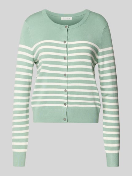Produktfoto, Strickjacke aus Viskose-Mix mit Streifenmuster von Christian Berg Woman in Mintgrün mit weißen Streifen, Rundhals, Knopfleiste, Regular Fit