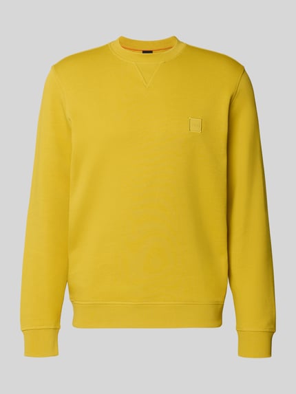 Produktfoto, Relaxed Fit Sweatshirt aus reiner Baumwolle Modell 'WESTART' von BOSS Orange in Gelb, unifarben, Label Patch, Rundhals, langarm.