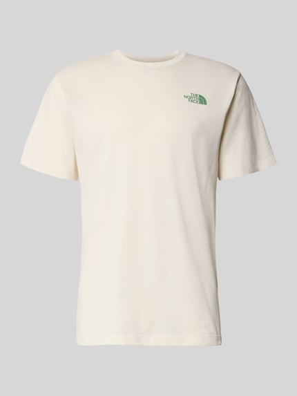Produktfoto, T-Shirt mit Logo und Rundhalsausschnitt von The North Face, Herren T-Shirt aus Baumwoll-Mix, Regular-Fit, Logo, Rückenlänge 72 cm bei Größe M, cremefarben, glatte Oberfläche