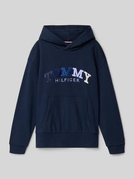 Produktfoto, Boyfriend Fit Hoodie aus Baumwoll-Mix von Tommy Hilfiger Teens, granatowy, jednolity, logo, długi rękaw, bawełniany sweat, ribb zakończenia