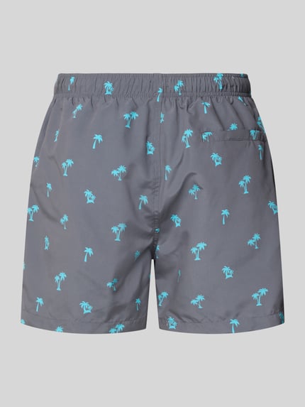 Produktfoto, Badehose mit elastischem Bund von MCNEAL für Herren, Regular-Fit, Tunnelzug, Eingriff- und Gesäßtaschen, grau mit türkisfarbenen Palmenprint