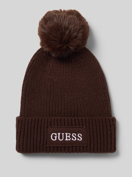 GUESS Mütze mit Fellbommel Dunkelbraun 1