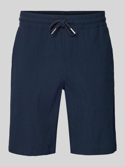 Produktfoto, Shorts mit elastischem Bund und Strukturmuster von Lindbergh, Herren Shorts aus Baumwoll-Mix mit Stretch-Anteil, Loose-Fit, Kordelzug, Seitliche Eingrifftaschen, Strukturmuster, Bundweite 42 cm, Innenbeinlänge 25 cm, dunkelblau, weiche Textur