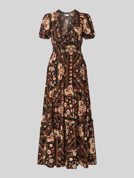 Produktfoto, Maxikleid aus Viskose mit V-Ausschnitt von Apricot, zwart met oranje en beige bloemenprint, getailleerd model, volantzoom, smokdetail, mouwen met ruches