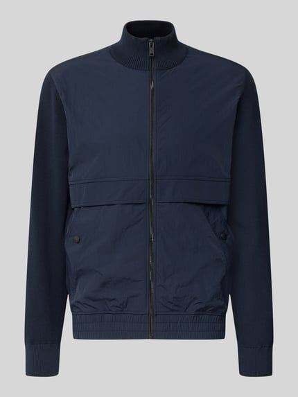 Produktfoto, dunkelblaue Regular Fit Strickjacke aus Baumwoll-Mix Modell 'Kobello' von BOSS für Herren, glatte sowie gerippte Texturen, BOSS Orange