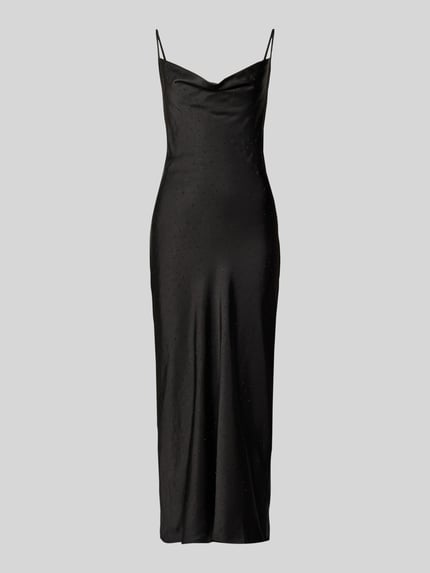 Produktfoto, schwarzes Midikleid mit Allover-Ziersteinbesatz in Crinkle-Optik, Satin, körpernahe Passform, Modell 'NEW AKILINA' von Guess.