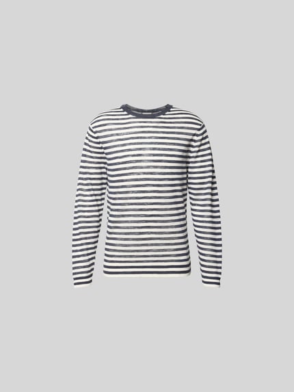 Produktfoto, Longsleeve aus Leinen-Mix von Closed, krój regular fit, okrągły dekolt, imitacja dzianiny, długość tyłu w rozmiarze M: 69 cm, biało-granatowe paski