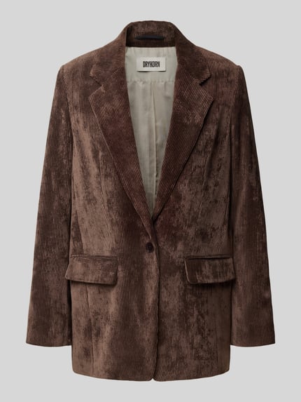 Produktfoto, Regular Fit Blazer aus Cord Modell 'GLENDALE' von DRYKORN, kolor brązowy, kołnierz z połami, kieszenie z patką, zapięcie na guzik, sztruksowa faktura, długość tyłu w rozmiarze 36: 73 cm, szerokość w rozmiarze 36: 50 cm, długość rękawów w rozmiarze 36: 62 cm