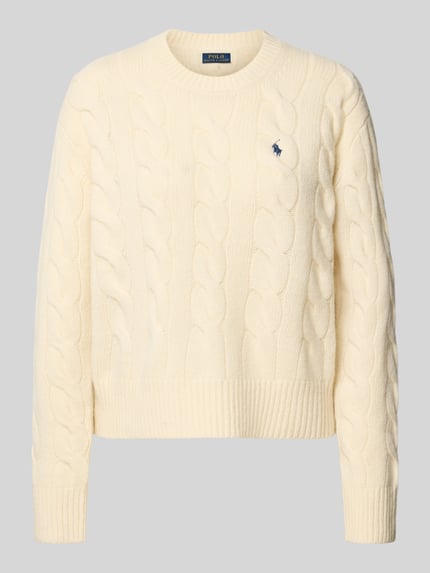 Produktfoto, cremefarbener Regular Fit Strickpullover aus Woll-Kaschmir-Mix von Polo Ralph Lauren mit Zopfmuster, Damen Strickpullover, Rückenlänge Gr. S: 56cm.