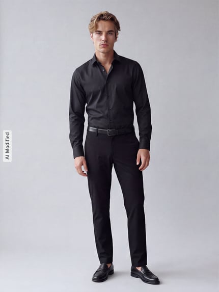 Männermodel trägt Regular Fit Business Hemd mit Kentkragen aus puur katoen van Seidensticker, zwart, knoopsluiting, ruglengte 74 cm, schouderbreedte 44 cm, mouwlengte 66 cm, geheel van voren, KI-modifiziertes Bild