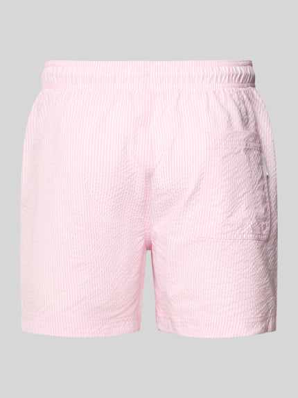 Produktfoto, Badehose aus Seersucker mit elastischem Bund Modell 'MAUI OCEAN' von Jack & Jones, Regular-Fit, Kordelzug, rosa-weiß, gestreifte Struktur