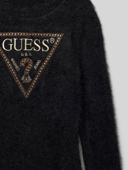 GUESS Sukienka z dzianiny dresowej ze sztucznym futrem i obszyciem ozdobnymi kamieniami Czarny 2