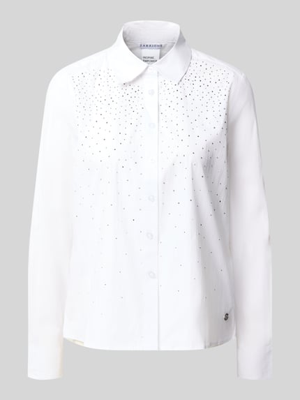 Produktfoto, Regular Fit Bluse mit Ziersteinbesatz Modell 'Sw44antje' von ZABAIONE, mieszanka bawełny, krój regular fit, kołnierzyk koszulowy, obszycie ozdobnymi kamieniami, listwa guzikowa, długość tyłu w rozmiarze S: 63 cm, długość rękawów w rozmiarze S: 62 cm