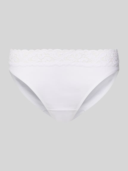 Produktfoto, witte Slip met Spitze Modell 'MOMENTS' van Hanro, katoen, elastische tailleband, nauwsluitende pasvorm, fijn kant detail.