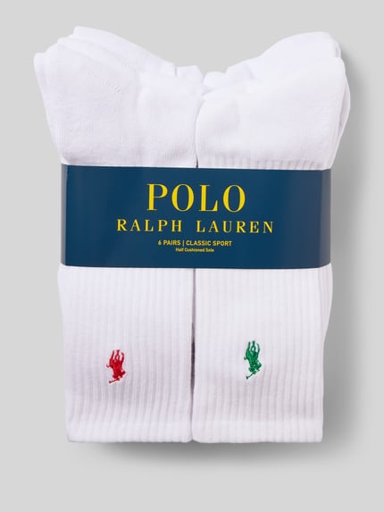 Productfoto, Socken aus Baumwoll-Mix im 6er Pack van Polo Ralph Lauren Underwear, wit, effen, geborduurd logodetail, elastische ribbelboord, ribstructuur, multipack, heren