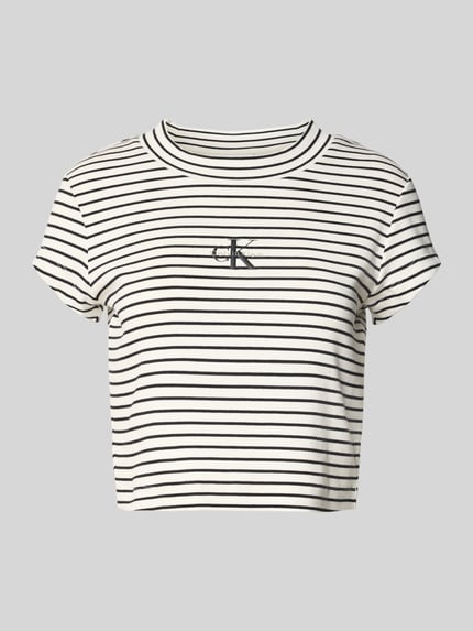 Produktfoto, Cropped T-Shirt mit Streifenmuster und Logo von Calvin Klein Jeans, bawełna z domieszką elastanu, dekolt okrągły, białe i czarne paski