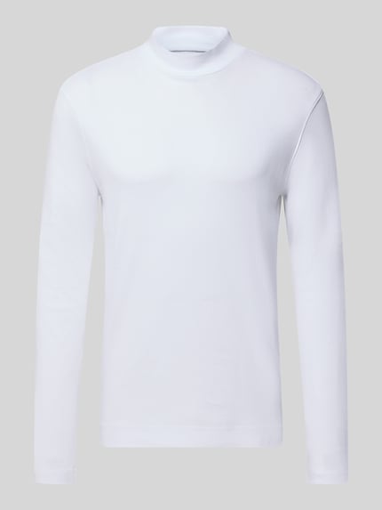 Produktfoto, Regular Fit Longsleeve aus reiner Baumwolle mit Stehkragen von Christian Berg Men, weiß, glatte Struktur, elastische Abschlüsse, Rückenlänge 65 cm bei Größe M