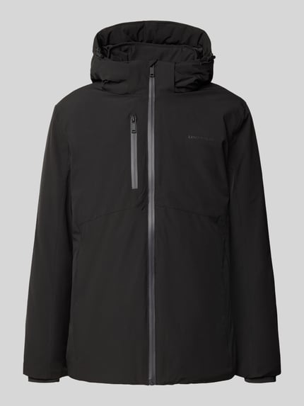 Produktfoto, Regular Fit Jacke mit Logo-Print von Lindbergh in zwart, elastische materiaalmix, capuchon met tunnelkoord, napoleonzak, logoprint, maat M ruglengte 74 cm, schouderbreedte 46 cm, borstwijdte 42 cm, mouwlengte 62 cm