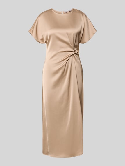 Produktfoto, Cocktailkleid mit Raffung und Kappärmeln von Christian Berg Cocktail, midilanges, tailliertes Kleid im beigefarbenen Viskose-Mix, matter Glanz, mit Rundhalsausschnitt, Schlüsselloch-Detail und Reißverschluss am Rücken.