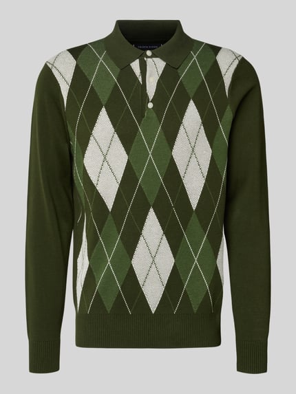 Produktfoto, Regular Fit Strickpullover aus reiner Baumwolle van Tommy Hilfiger, heren gebreide pullover in effen donkergroen met rasterruit motief, polokraag, lange mouw, mouwboord en rompzoom geribd, knitwear van puur katoen.