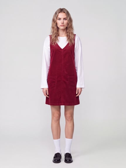 Frauenmodel trägt Minikleid aus Cord mit aufgesetzten Taschen von MOP DENIM, unifarben, V-Ausschnitt, ärmellos, Ganzkörperansicht von vorne.