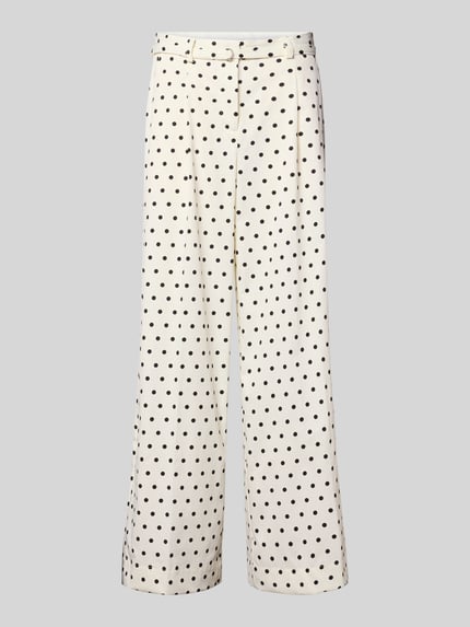 Produktfoto, cremefarbene Hose im Allover-Look mit schwarzem Polkadot-Muster und Gürtel Modell 'MALBA DOT' von Neo Noir, Damen, Wide-Leg, Bundweite 38 cm, Innenbeinlänge 69 cm, Größe 36, glatte Stofftextur