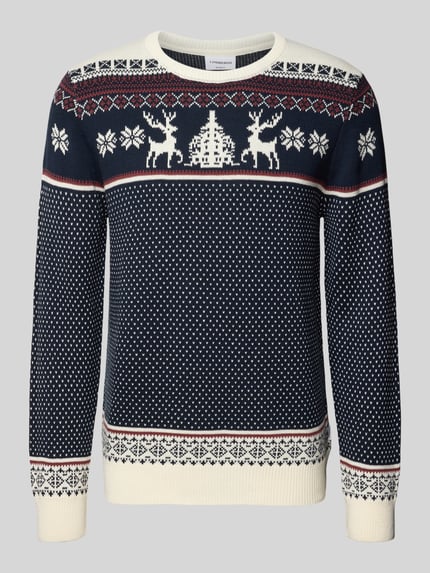 Produktfoto, Strickpullover mit gerippten Abschlüssen van Lindbergh, donkerblauw met witte en rode details, katoenmix, regular fit.