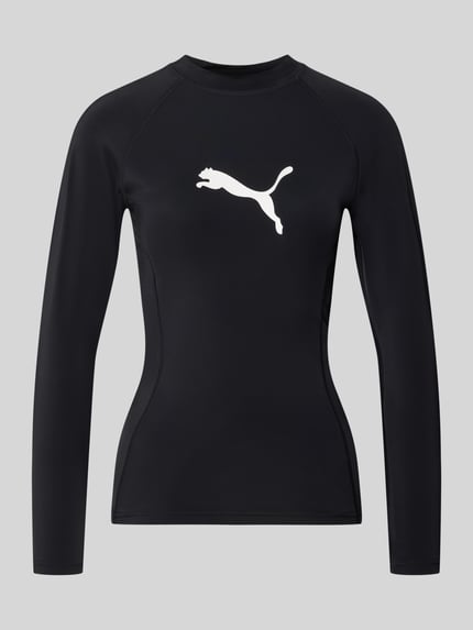 Produktfoto, Badeshirt im langärmeligen Design Modell 'RASH GUARD' von PUMA, zwart met logoprint, materiaalmix met stretch, recht model, ronde hals, uv-bescherming 50+, chloorbestendig, ruglengte bij maat S 56 cm