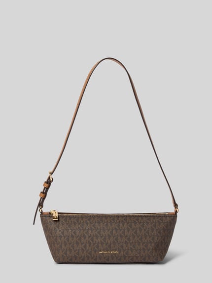 Produktfoto, Handtasche mit Logo-Muster Modell 'LAILA' von MICHAEL Michael Kors, Braun mit goldfarbenem Reißverschluss und Schulterriemen, Allover-Look, Maße 28x11x9 cm, Schulterriemen 74 cm.