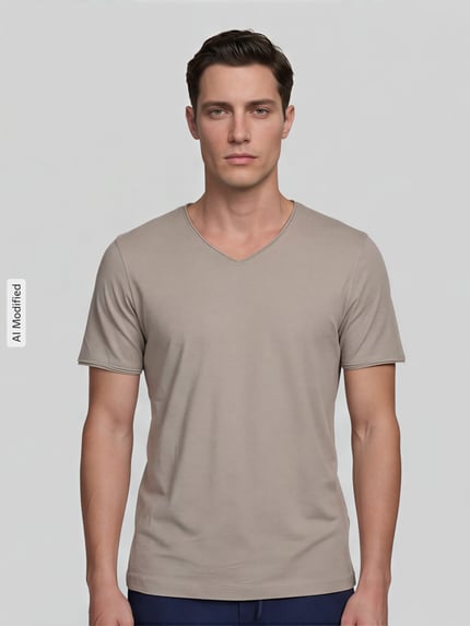 Männermodel trägt Regular Fit T-Shirt mit V-Ausschnitt von MCNEAL, reine Baumwolle, Rollsaum, beige Farbe, Ganzkörperansicht von vorne.