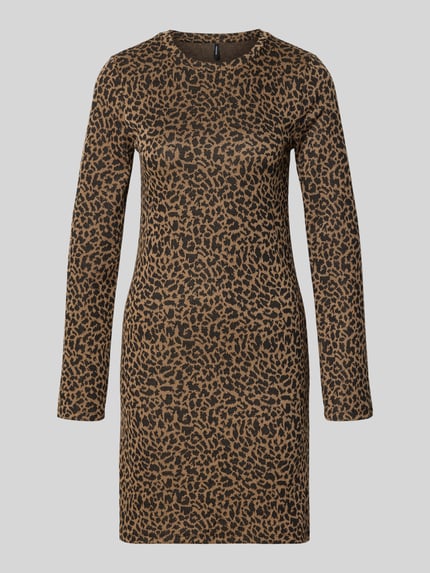Produktfoto, Regular Fit Freizeitkleid mit Animal Print van Vero Moda, bruin-zwart all-over dierenprint, mini-lengte, ronde hals, lange mouwen, rechte zoom.