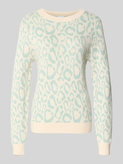 Produktfoto, Slim Fit Pullover aus Viskose-Mix Modell 'JACQUARD' von Vila in Strick-Optik mit Allover-Animal-Stitching, creme und mintgrün