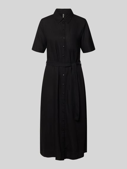 Produktfoto, schwarzes, unifarbenes Freizeitkleid aus Viskose-Leinen-Mix mit Knopfleiste und Bindegürtel, Modell 'PIA' von Pieces