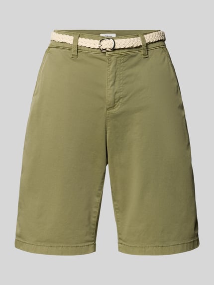 Produktfoto, Regular Fit Bermudas aus Baumwoll-Mix von s.Oliver RED LABEL in Optik: Unifarben, Twill-Materialverarbeitung, Eingrifftaschen, Gesäßtaschen, Gürtel, Beinabschluss mit Umschlag, in Olivgrün