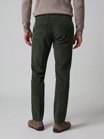 Männermodel trägt Regular Fit Cordhose aus Baumwollmix von Hiltl in Dunkelgrün, strukturierte Cord-Optik, Ganzkörperansicht Rückansicht.