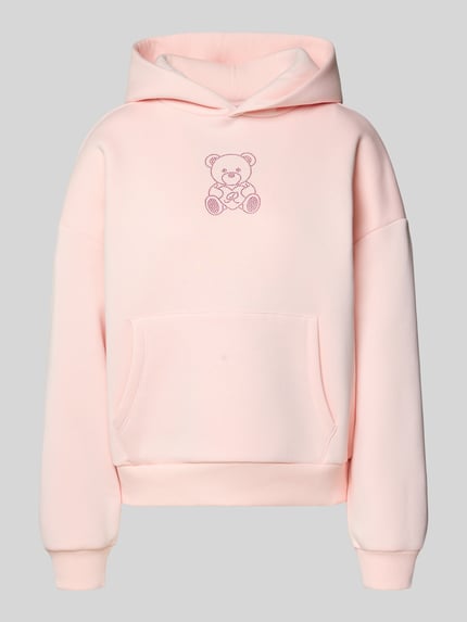 Produktfoto, hellrosa Hoodie mit Kapuze von Review, Baumwoll-Mix, lockerer Schnitt, Ziersteinbesatz, Känguru-Tasche, gerippte Abschlüsse