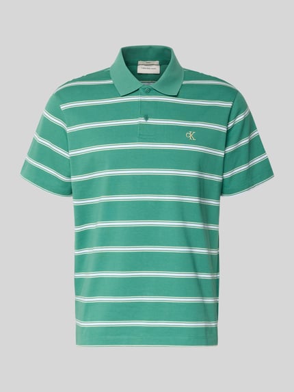 Produktfoto, zielono-białe Regular Fit Poloshirt mit Logo-Stitching von Calvin Klein Jeans, czysta bawełna, krój regular fit, kołnierzyk polo, krótka listwa z guzikami, logo-stitching, długość tyłu w rozmiarze M: 69 cm