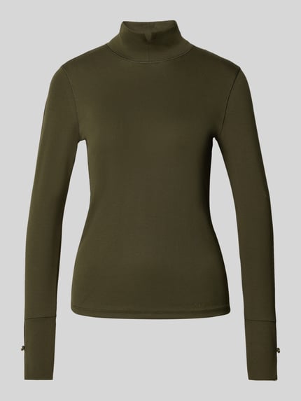 Productfoto, Longsleeve mit Stehkragen und Zierknöpfen van Marc Cain, katoen-elastaanmix, slim fit, olijfgroen, lengte 58 cm in maat 36